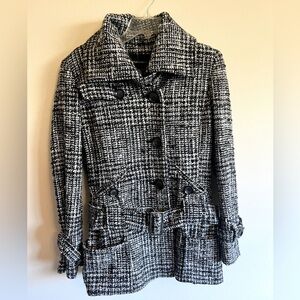 MODA International black and white wool knit trench coat.